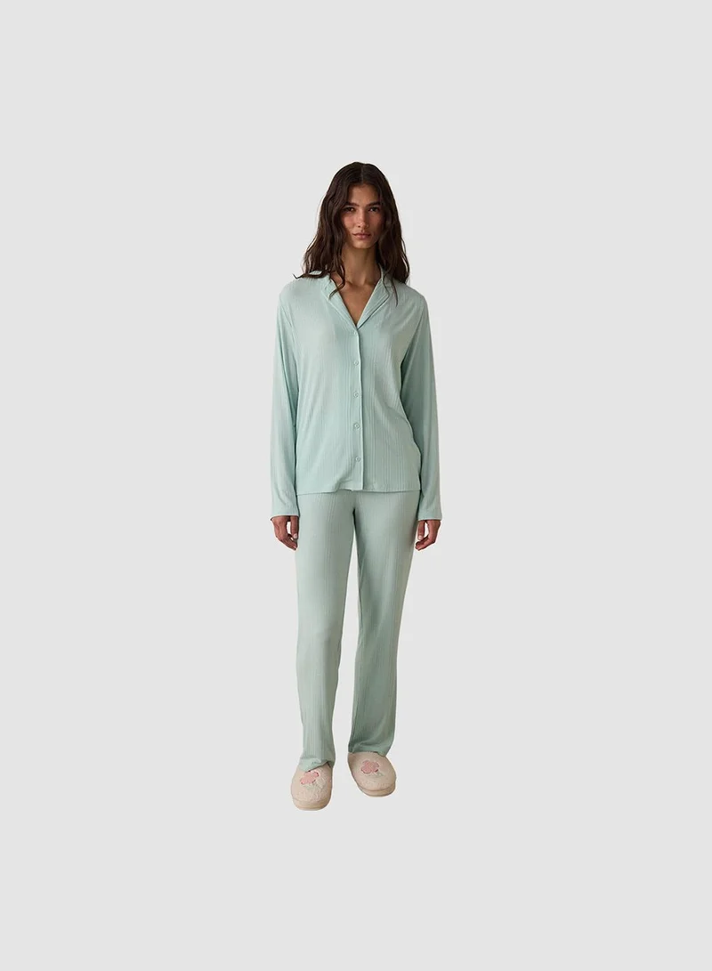 Penti Ribbed Shirt Collar Buttoned Long Sleeve Sustainable Viscose Pajama Set